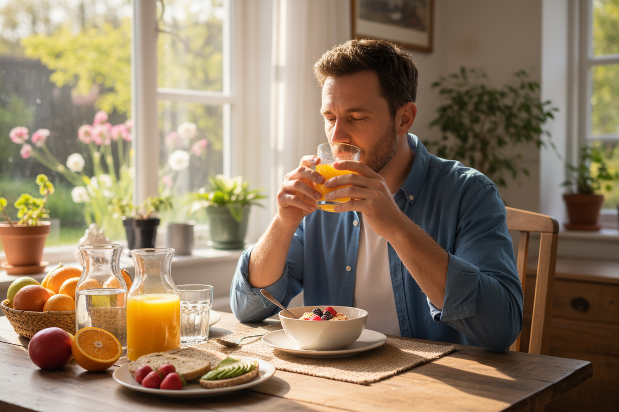 UN HOMME QUI BOIT UN JUS D ORANGE LORS DE SON PETIT DEJ