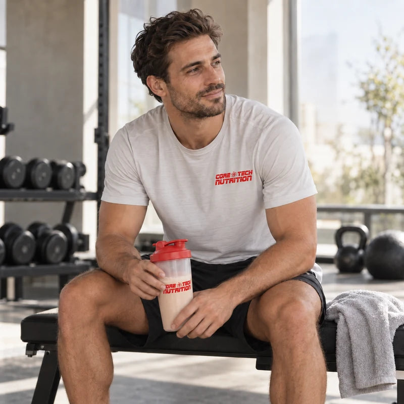 Sportif avec un shaker Coretech Nutrition après son entraînement